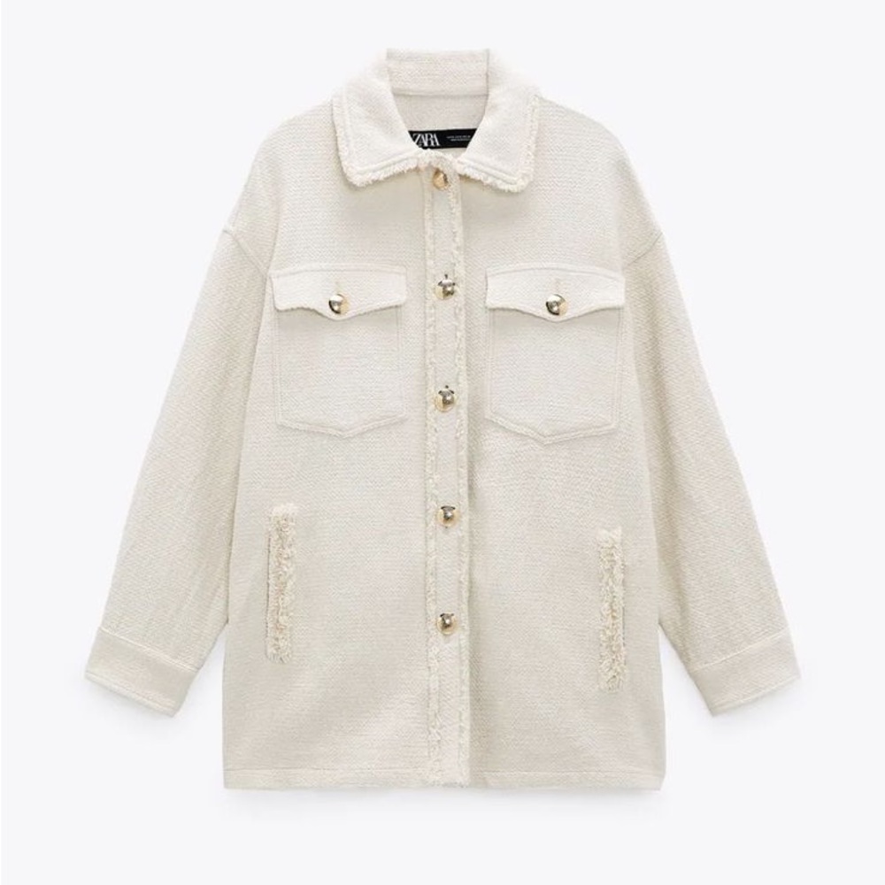 Zara Cream Teddy Jacket with Oversized Fit and Collared Neckline